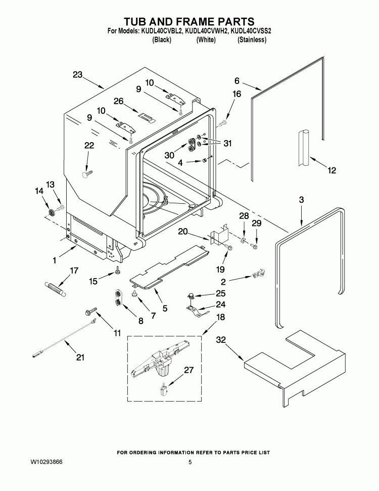 TUB AND FRAME PARTS Diagram and Parts List for KUDL40CVBL2  KitchenAid Dishwasher