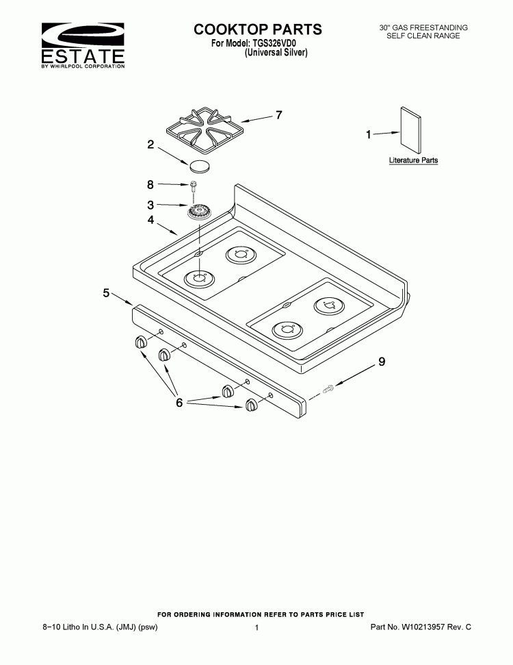 COOKTOP PARTS Diagram and Parts List for TGS326VD0  Estate Range