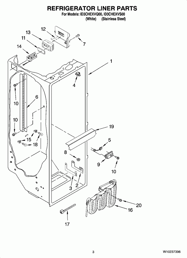 REFRIGERATOR LINER PARTS Diagram and Parts List for ID3CHEXVQ00  Whirlpool Refrigerator