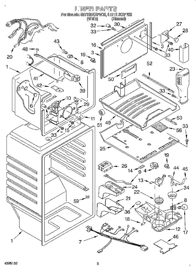 LINER Diagram and Parts List for 8ET19DKXFW02  Whirlpool Refrigerator