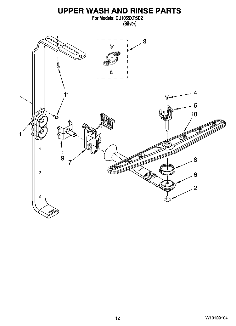 UPPER WASH AND RINSE PARTS Diagram and Parts List for DU1055XTSD2  Whirlpool Dishwasher