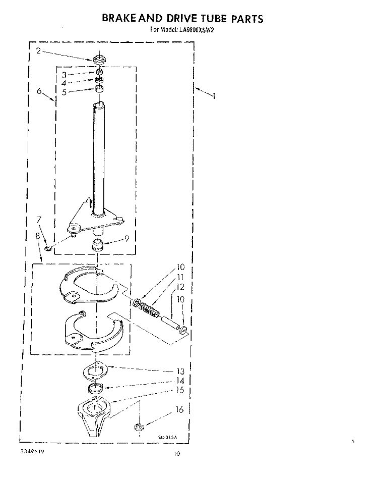 BRAKE AND DRIVE TUBE Diagram and Parts List for LA9800XSW2  Whirlpool Washer