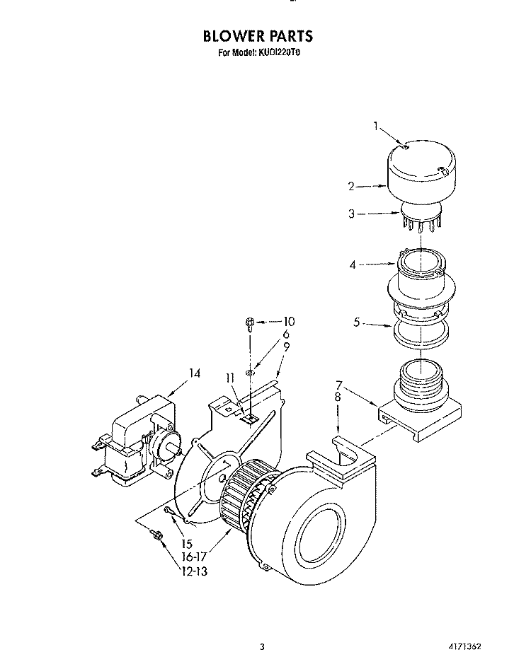 BLOWER Diagram and Parts List for KUDI220T0  KitchenAid Dishwasher