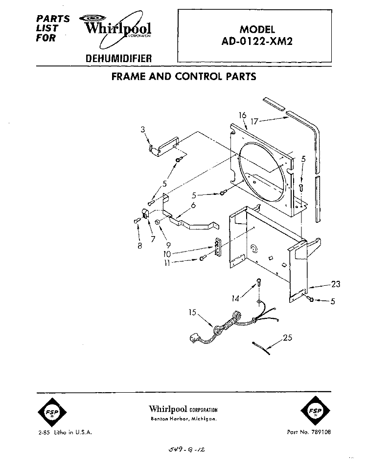 SECTION Diagram and Parts List for AD0122XM2  Whirlpool Dehumidifier