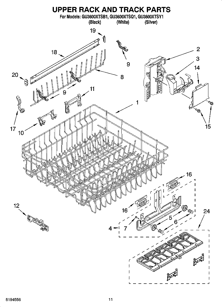 UPPER RACK AND TRACK PARTS Diagram and Parts List for GU3600XTSY1  Whirlpool Dishwasher