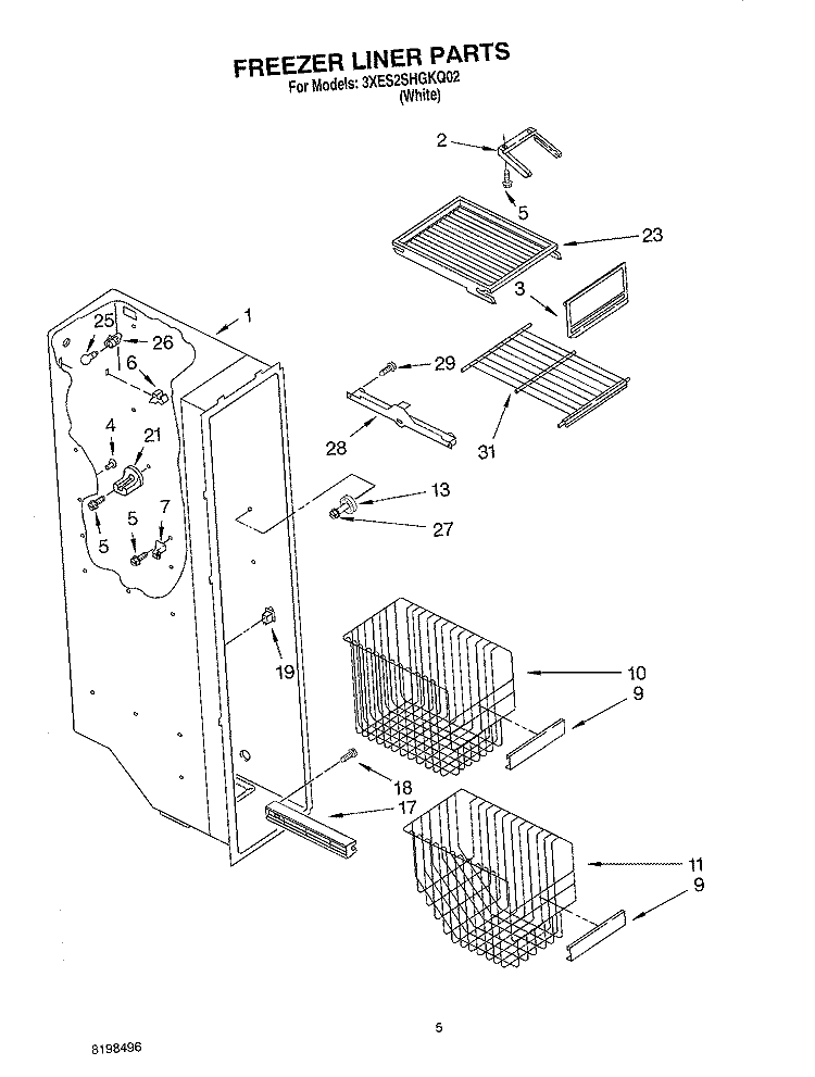 FREEZER LINER PARTS Diagram and Parts List for 3XES2SHGKQ02  Whirlpool Refrigerator