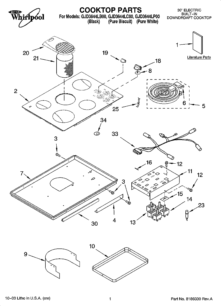 COOKTOP PARTS Diagram and Parts List for GJD3644LB00  Whirlpool Cooktop
