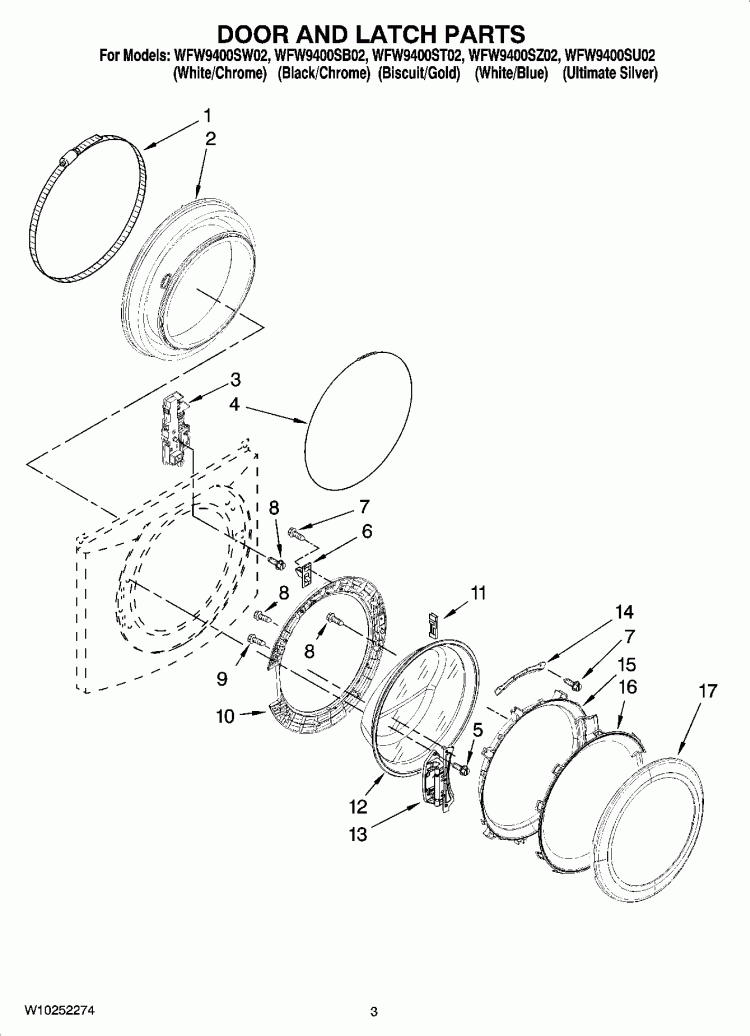 DOOR AND LATCH PARTS Diagram and Parts List for WFW9400ST02  Whirlpool Washer