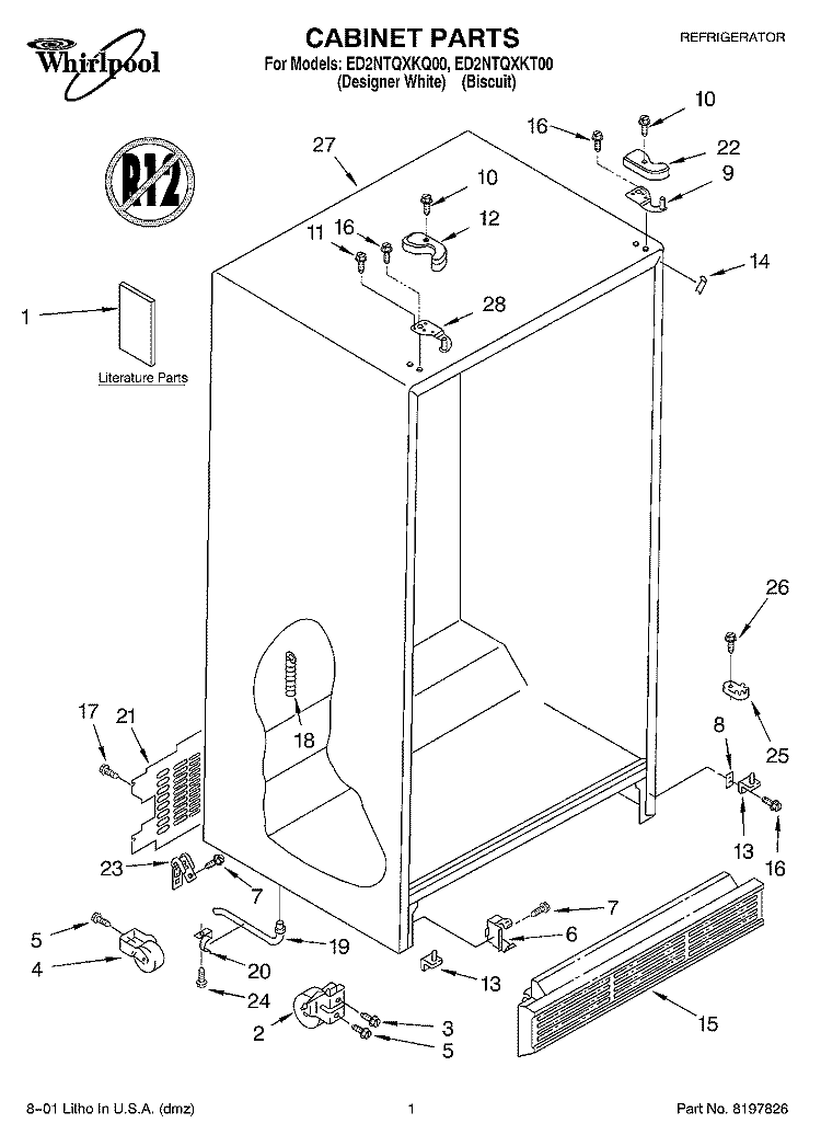 CABINET, LITERATURE Diagram and Parts List for ED2NTQXKT00  Whirlpool Refrigerator
