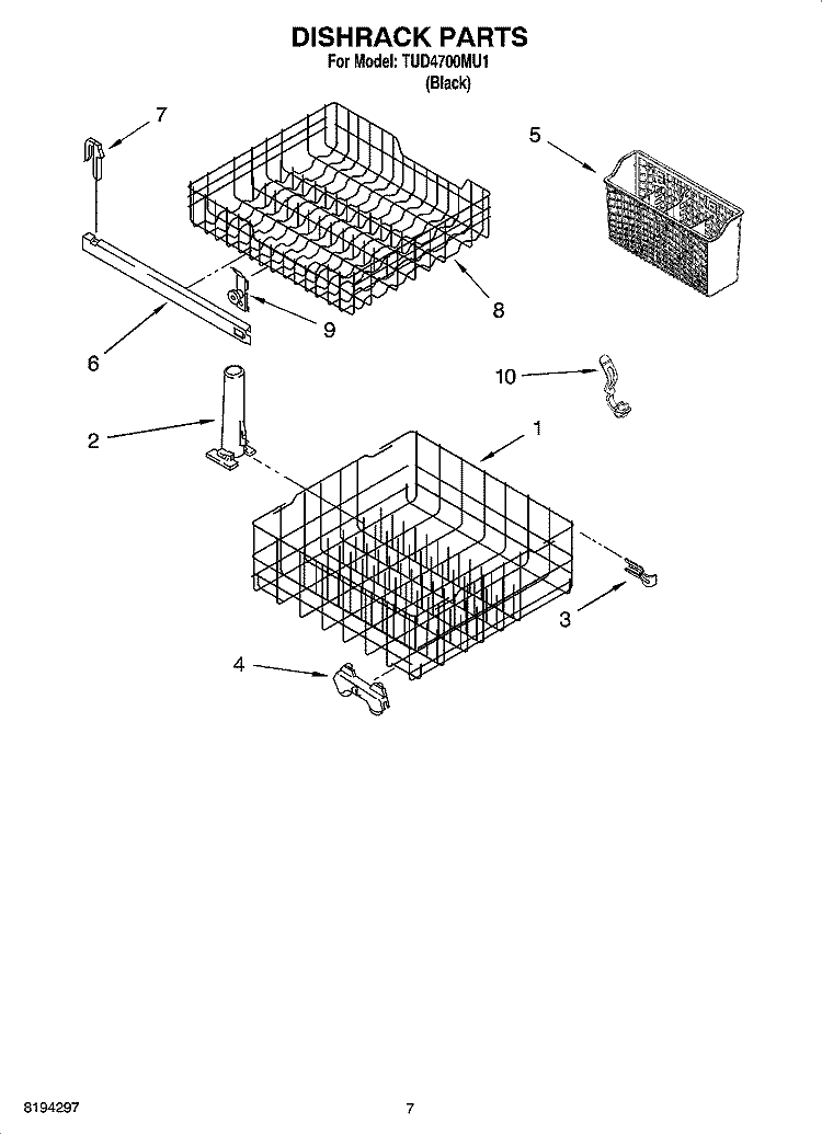 DISHRACK PARTS, OPTIONAL PARTS (NOT INCLUDED) Diagram and Parts List for TUD4700MU1  Estate Dishwasher