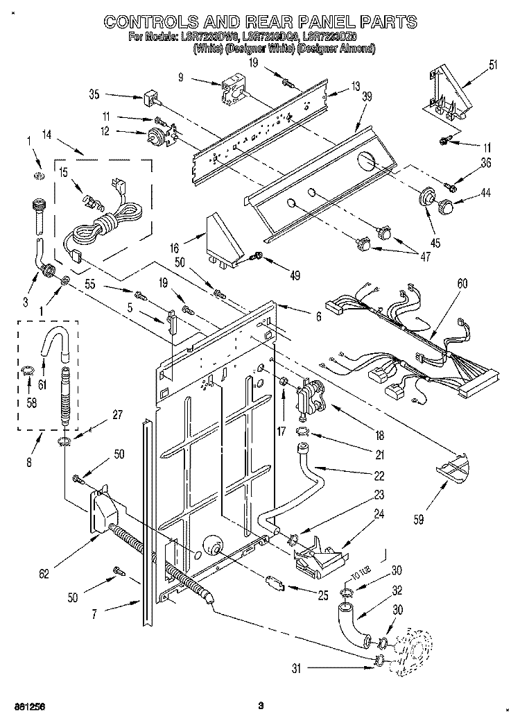 CONTROLS AND REAR PANEL Diagram and Parts List for LSR7233DW0  Whirlpool Washer