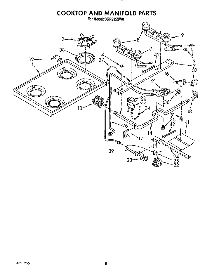 COOKTOP AND MANIFOLD Diagram and Parts List for SGP335XW0  Roper Range
