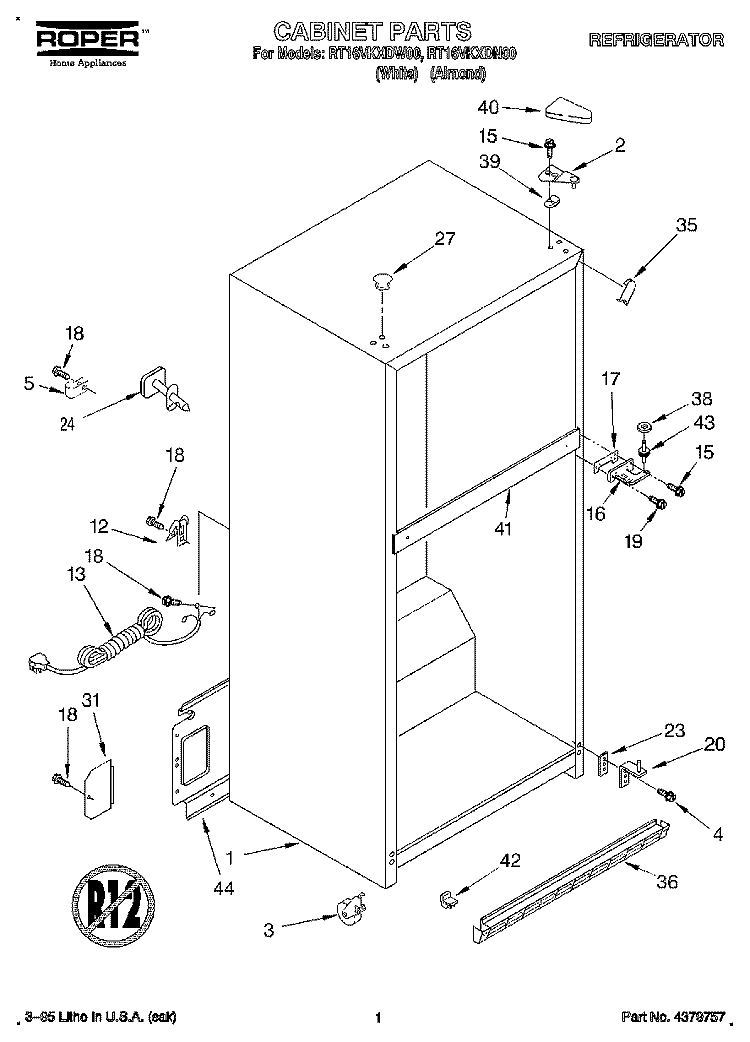 CABINET Diagram and Parts List for RT16VKXDN00  Roper Refrigerator