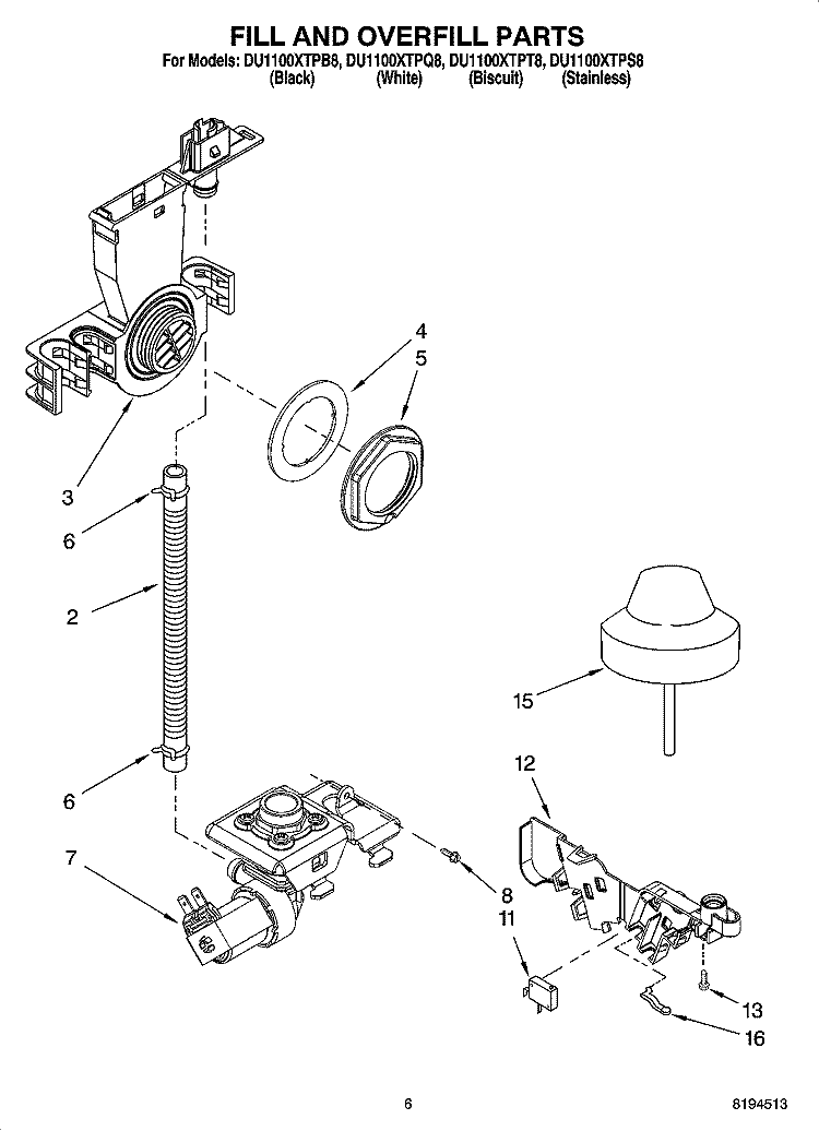 FILL AND OVERFILL PARTS Diagram and Parts List for DU1100XTPB8  Whirlpool Dishwasher