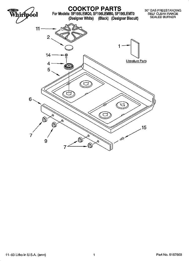 COOKTOP PARTS Diagram and Parts List for SF196LEMB0  Whirlpool Range