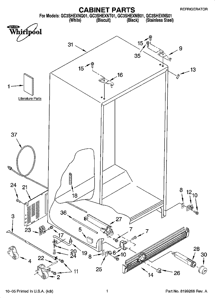 CABINET PARTS Diagram and Parts List for GC3SHEXNB01  Whirlpool Refrigerator