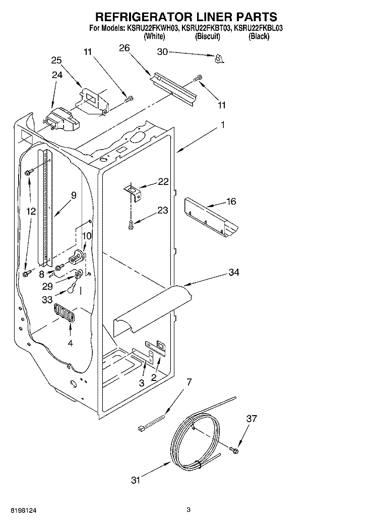 REFRIGERATOR LINER Diagram and Parts List for KSRU22FKBL03  KitchenAid Refrigerator