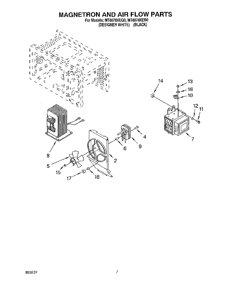 MAGNETRON AND AIR FLOW Diagram and Parts List for MT8078XEB0  Whirlpool Microwave