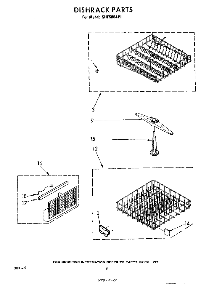DISHRACK Diagram and Parts List for SHF5884P1  Whirlpool Dishwasher