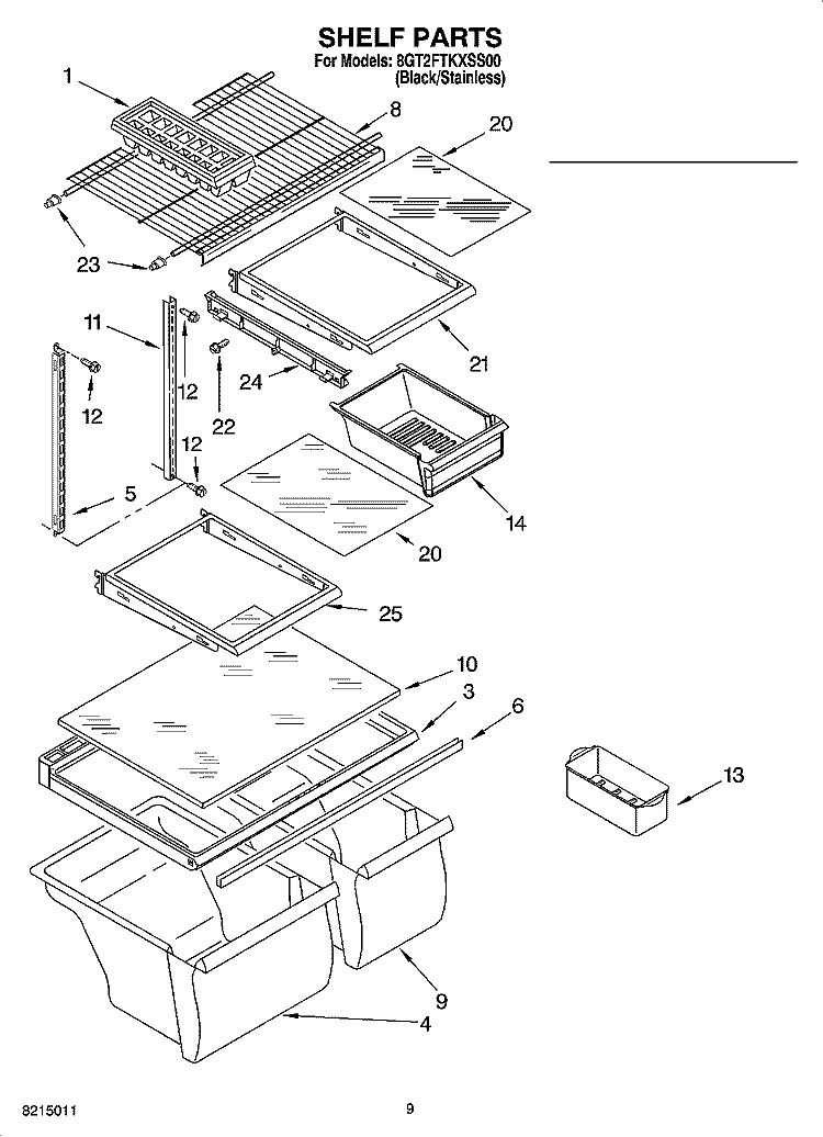 SHELF PARTS, OPTIONAL PARTS Diagram and Parts List for 8GT2FTKXSS00  Whirlpool Refrigerator