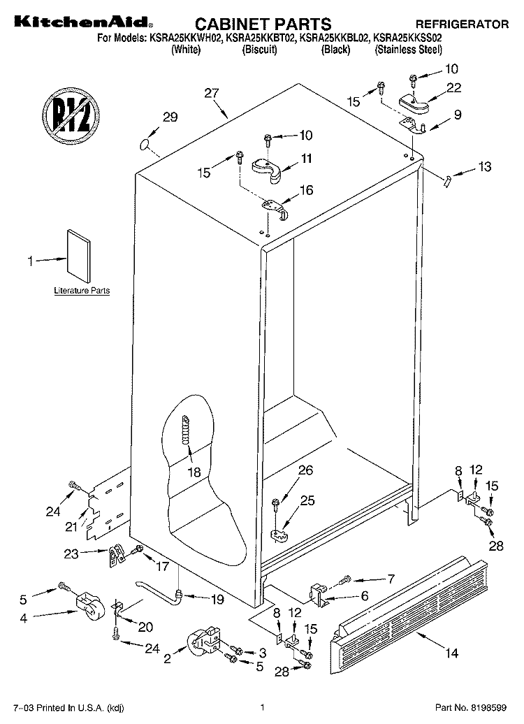 CABINET PARTS Diagram and Parts List for KSRA25KKBT02  KitchenAid Refrigerator