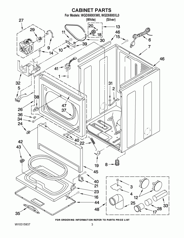 CABINET PARTS Diagram and Parts List for WGD5500XL0  Whirlpool Dryer