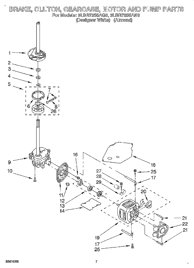 BRAKE, CLUTCH, GEARCASE, MOTOR & PUMP Diagram and Parts List for 3LBR7255AN0  Whirlpool Washer