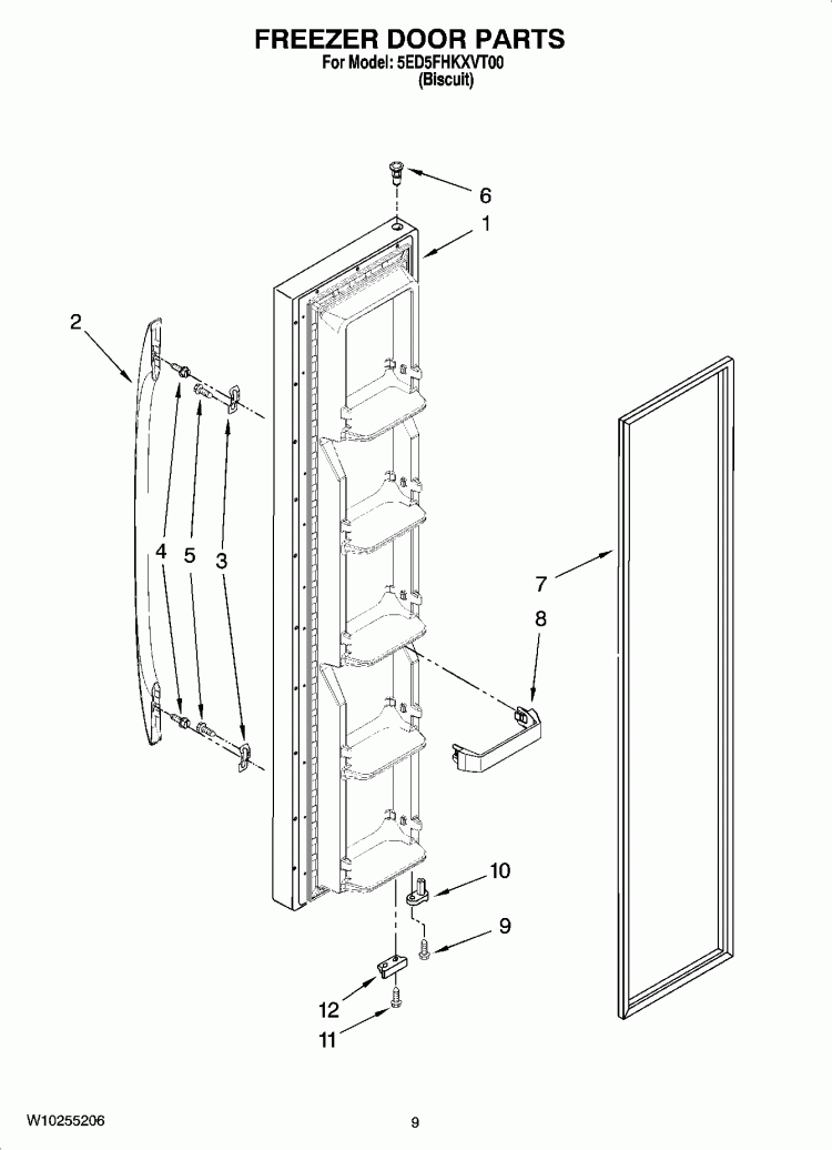 FREEZER DOOR PARTS Diagram and Parts List for 5ED5FHKXVT00  Whirlpool Refrigerator