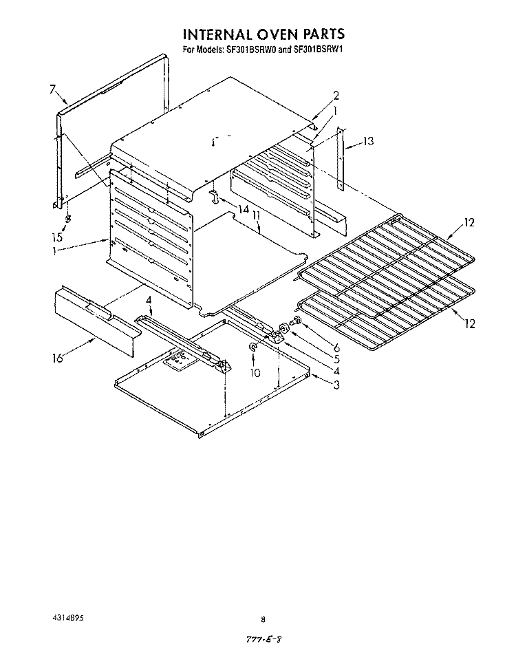 INTERNAL OVEN Diagram and Parts List for SF301BSRW1  Whirlpool Range