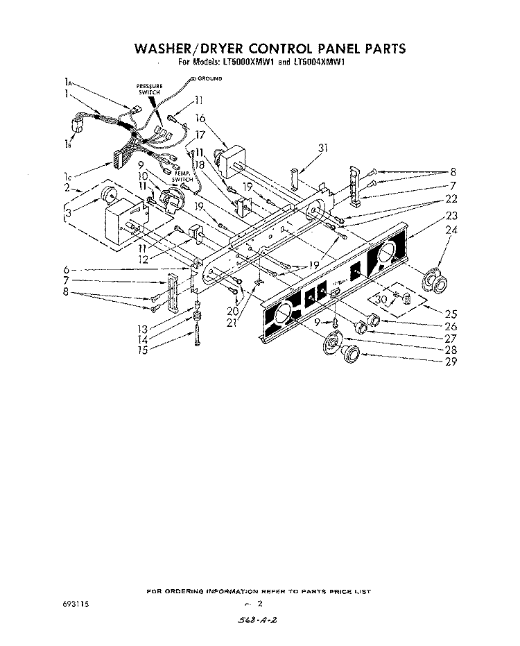 WASHER/DRYER CONTROL PANEL Diagram and Parts List for LT5000XMW1  Whirlpool Washer Dryer Combo