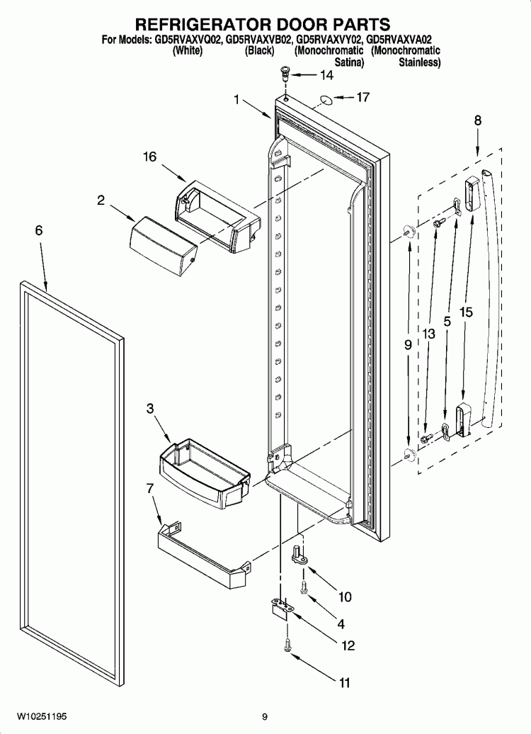 REFRIGERATOR DOOR PARTS Diagram and Parts List for GD5RVAXVB02  Whirlpool Refrigerator