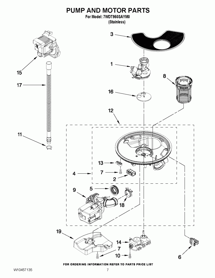 PUMP AND MOTOR PARTS Diagram and Parts List for 7WDT950SAYM0  Whirlpool Dishwasher