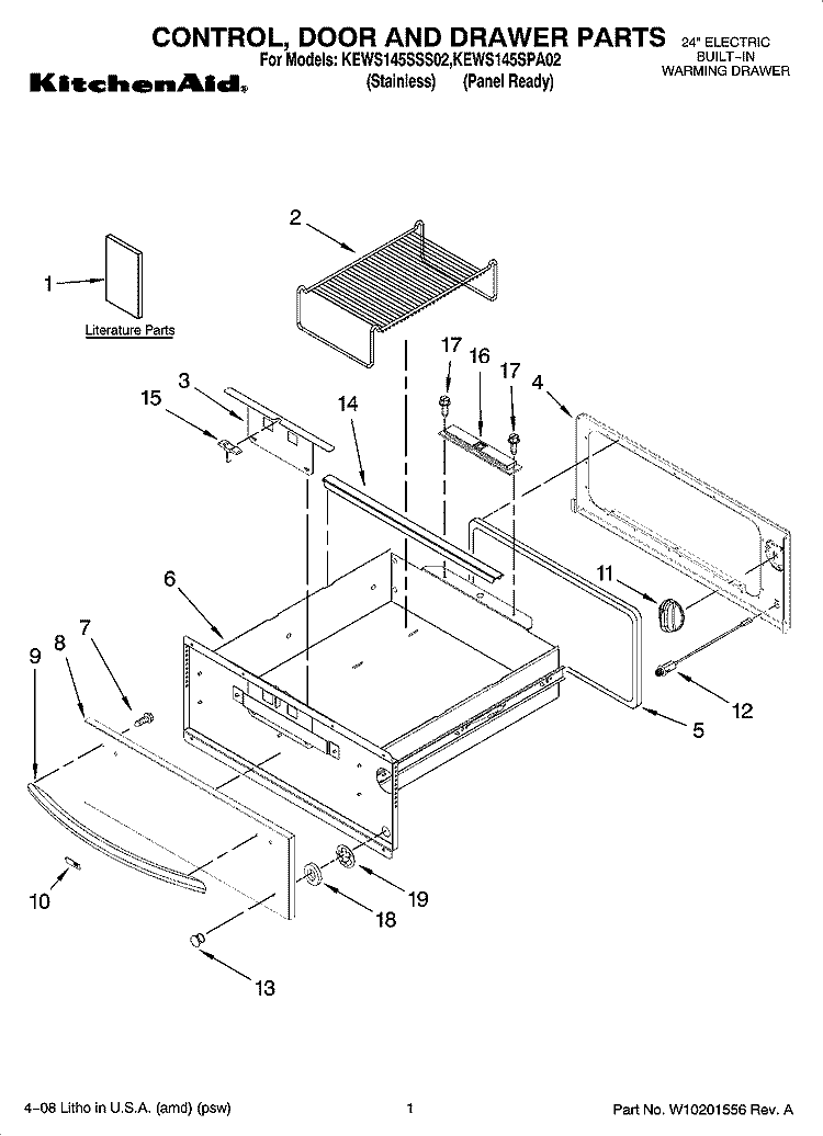 CONTROL, DOOR AND DRAWER PARTS Diagram and Parts List for KEWS145SPA02  KitchenAid Warming Drawer