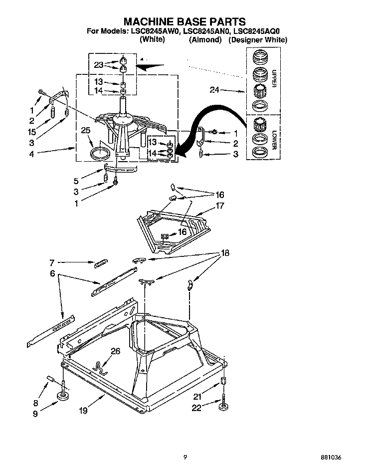 MACHINE BASE Diagram and Parts List for LSC8245AQ0  Whirlpool Washer