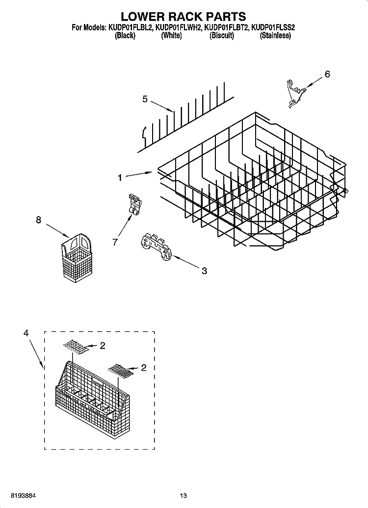 LOWER RACK PARTS Diagram and Parts List for KUDP01FLBL2  KitchenAid Dishwasher