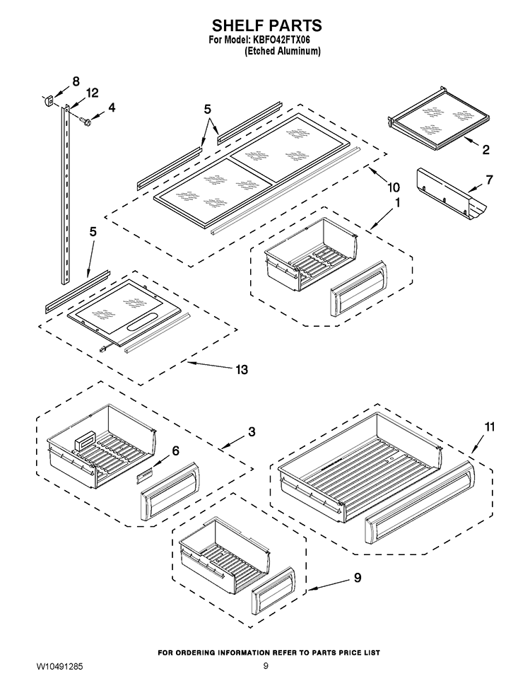 SHELF PARTS Diagram and Parts List for KBFO42FTX06  KitchenAid Refrigerator