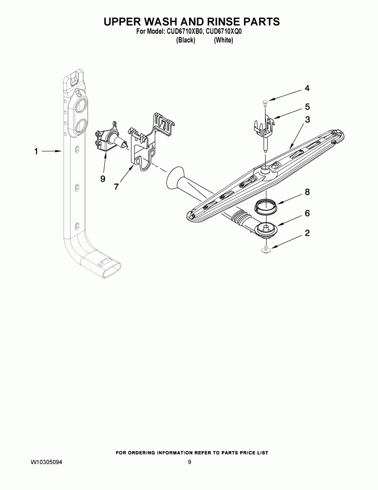 UPPER WASH AND RINSE PARTS Diagram and Parts List for CUD6710XB0  Crosley Dishwasher