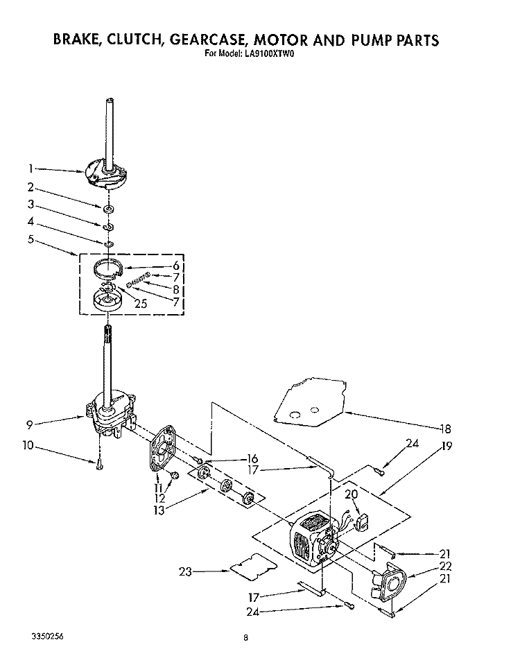 BRAKE, CLUTCH, GEARCASE, MOTOR AND PUMP Diagram and Parts List for LA9100XTG0  Whirlpool Washer