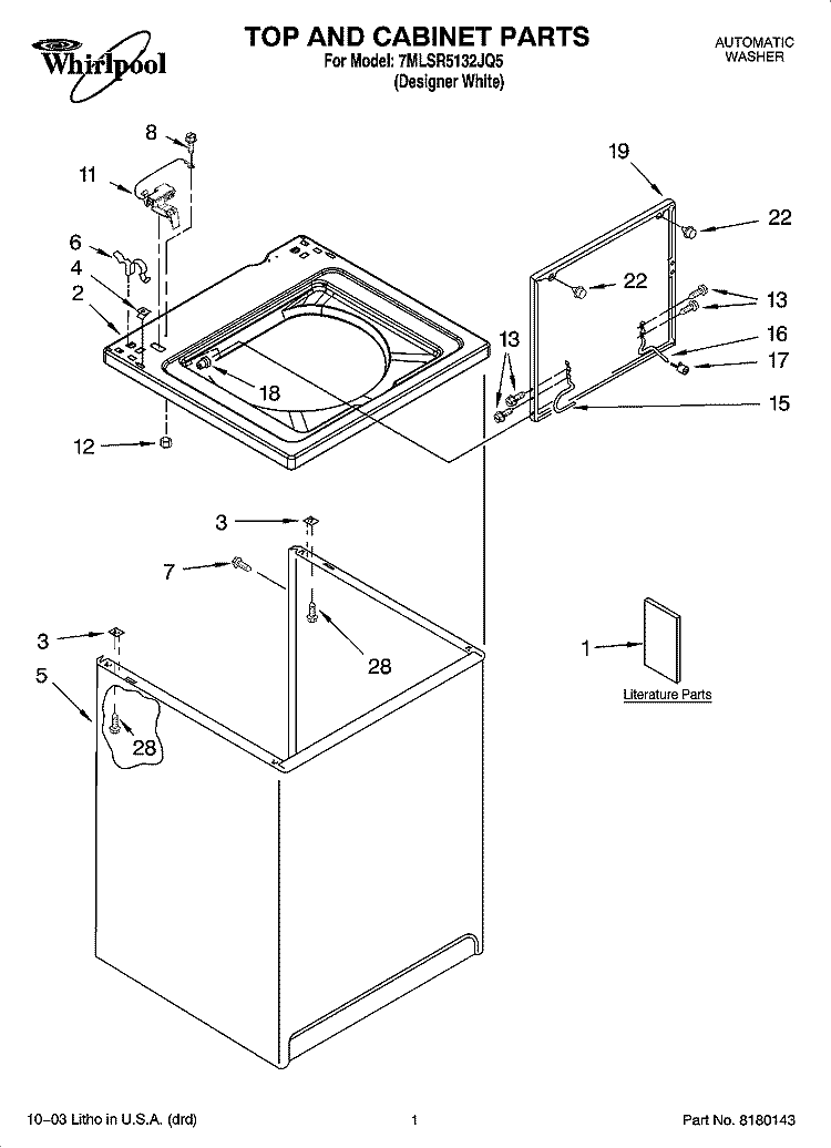TOP AND CABINET PARTS Diagram and Parts List for 7MLSR5132JQ5  Whirlpool Washer