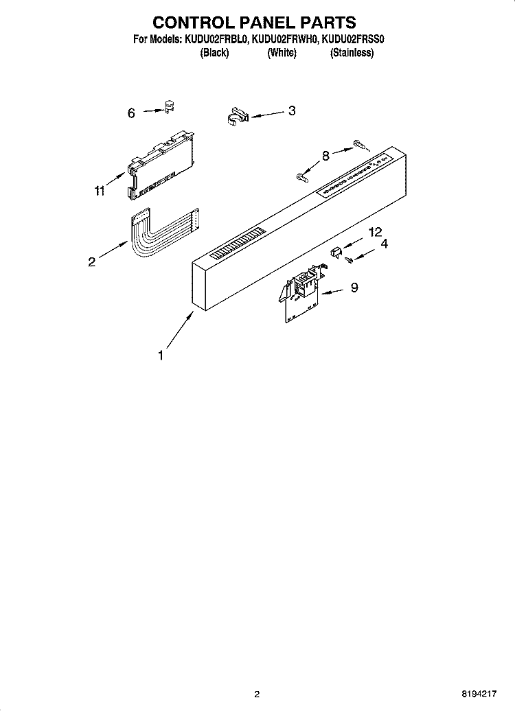CONTROL PANEL PARTS Diagram and Parts List for KUDU02FRWH0  KitchenAid Dishwasher