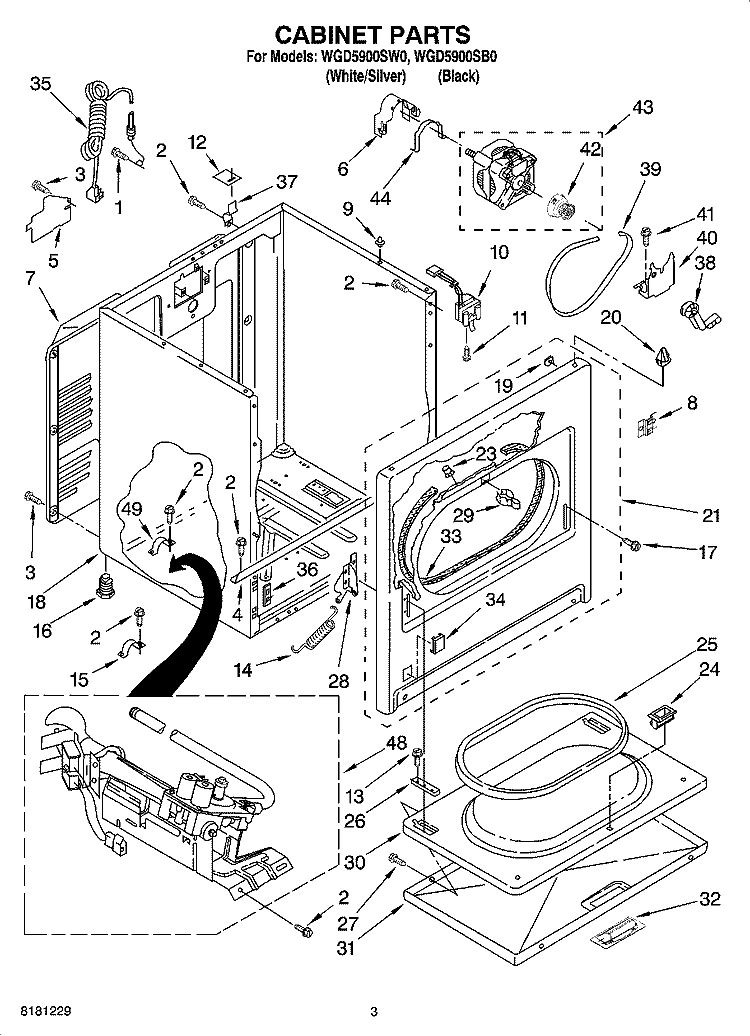 CABINET PARTS Diagram and Parts List for WGD5900SB0  Whirlpool Dryer