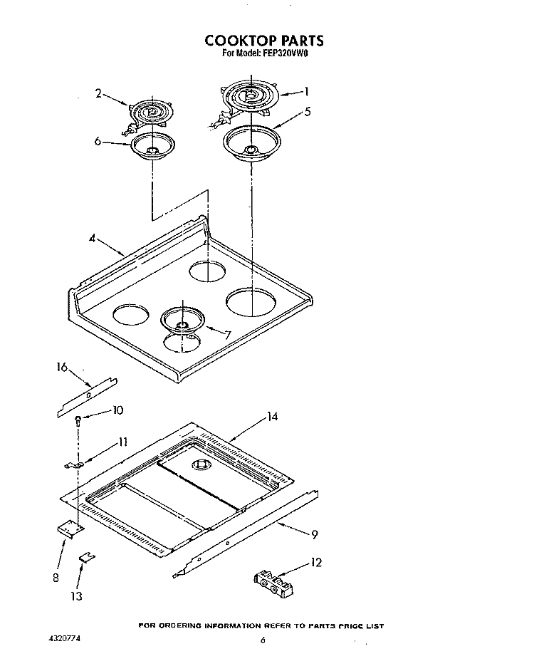 COOKTOP Diagram and Parts List for FEP320VW0  Roper Range