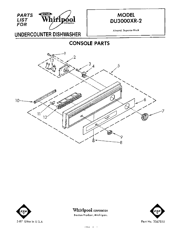 CONSOLE Diagram and Parts List for DU3000XR2  Whirlpool Dishwasher