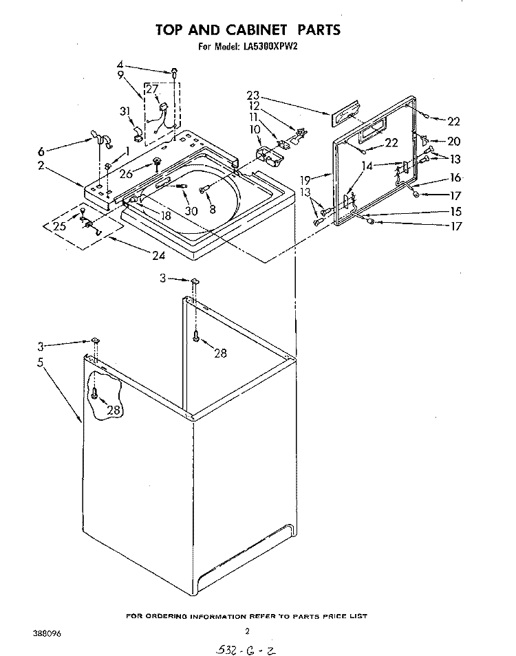 TOP AND CABINET , LITERATURE AND OPTIONAL Diagram and Parts List for LA5300XPW2  Whirlpool Washer