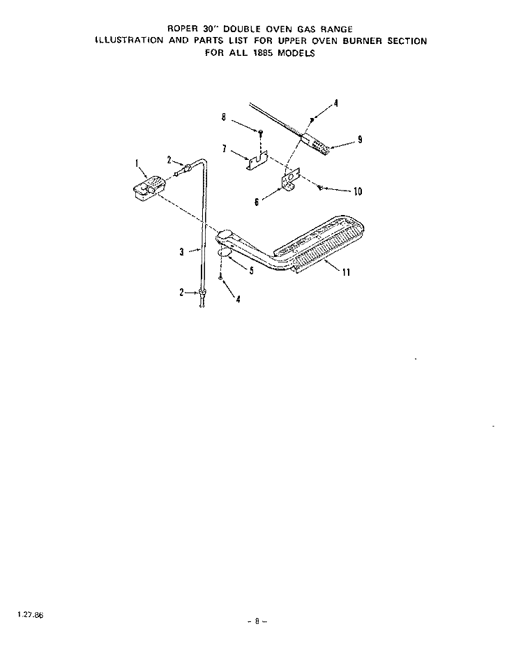 UPPER OVEN BURNER Diagram and Parts List for 1885W1A  Roper Range