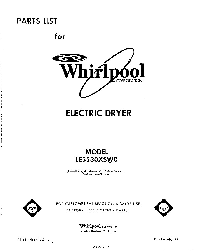 SECTION Diagram and Parts List for LE5530XSW0  Whirlpool Dryer