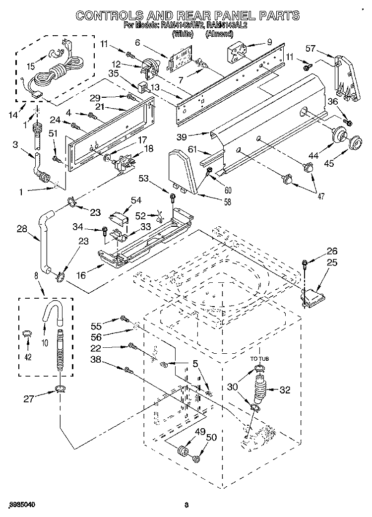 CONTROLS AND REAR PANEL Diagram and Parts List for RAM4143AL2  Whirlpool Washer
