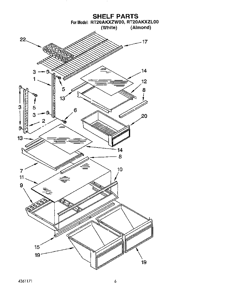 SHELF Diagram and Parts List for RT20AKXZW00  Roper Refrigerator