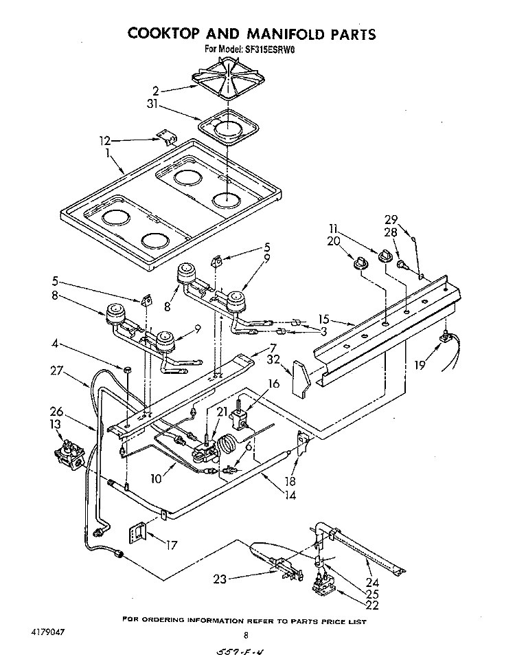 COOK TOP AND MANIFOLD , LITERATURE Diagram and Parts List for SF315ESRW0  Whirlpool Range