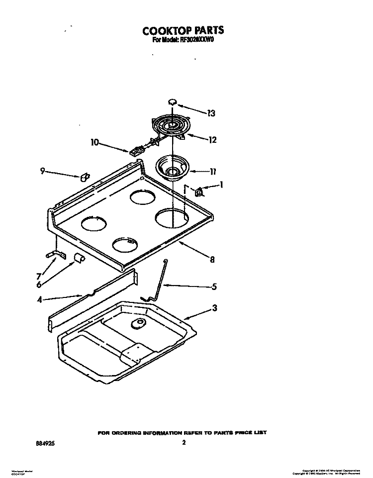 COOKTOP, LIT/OPTIONAL Diagram and Parts List for RF3020XXN0  Whirlpool Range